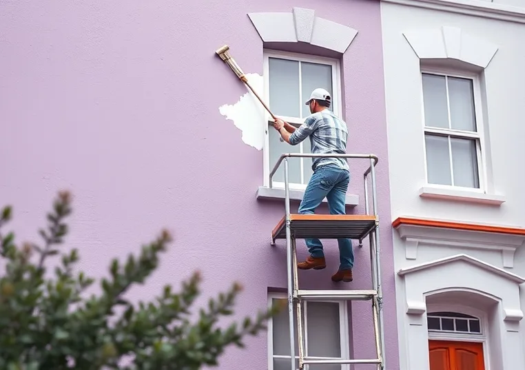 Peintre sur échafaudage traitant la façade d'une maison